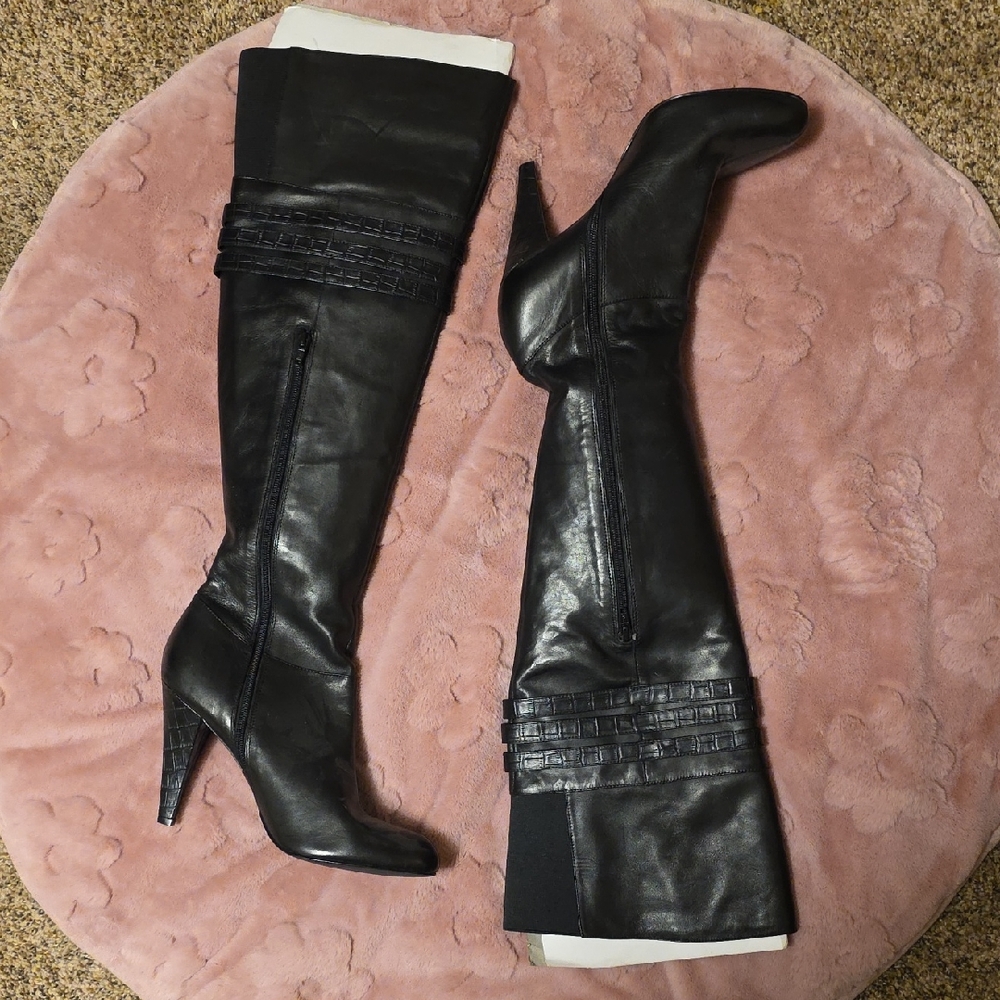 Calvin Klein Black Leather Over-the-Knee Stiletto Boots